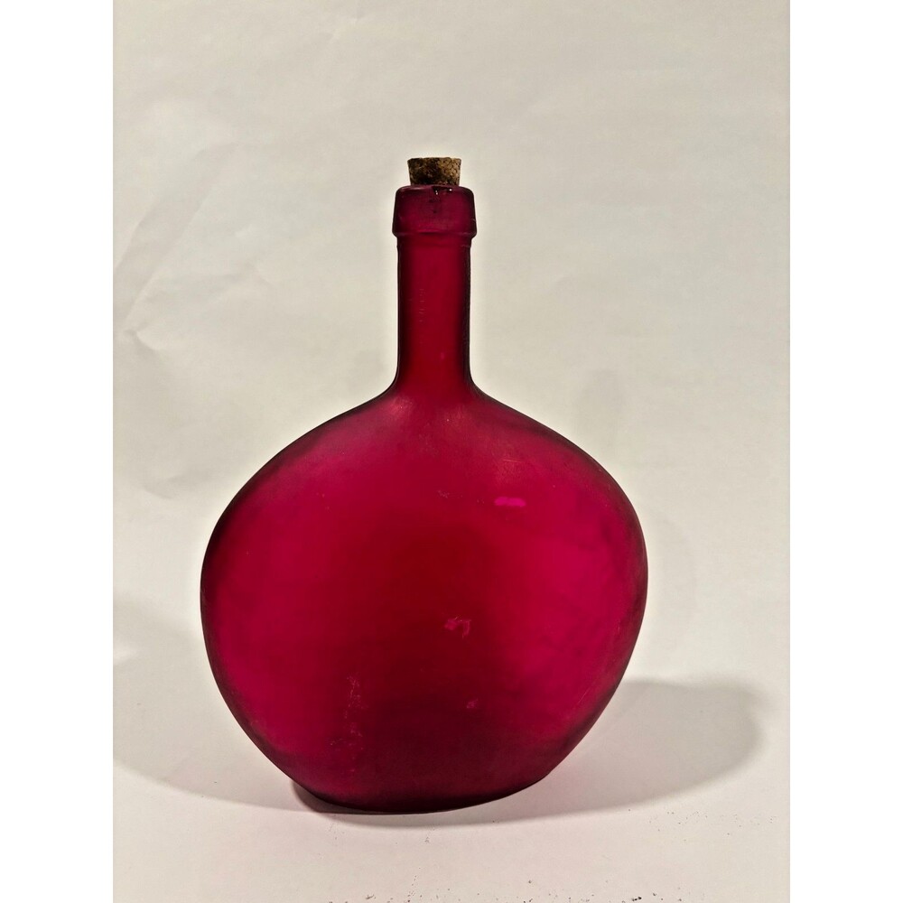 Spanish Plum Glass Bottle with Cork Stopper, Burgundy Vase Art Glass Spain